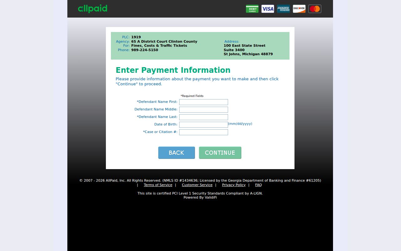 Clinton County traffic warrant payment fields on the court-linked payment portal