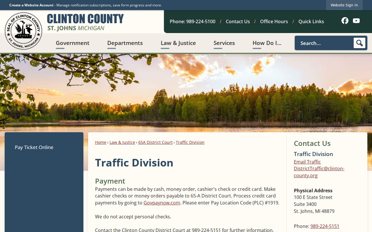 Clinton County traffic warrant payment and deadline page from the 65A Traffic Division