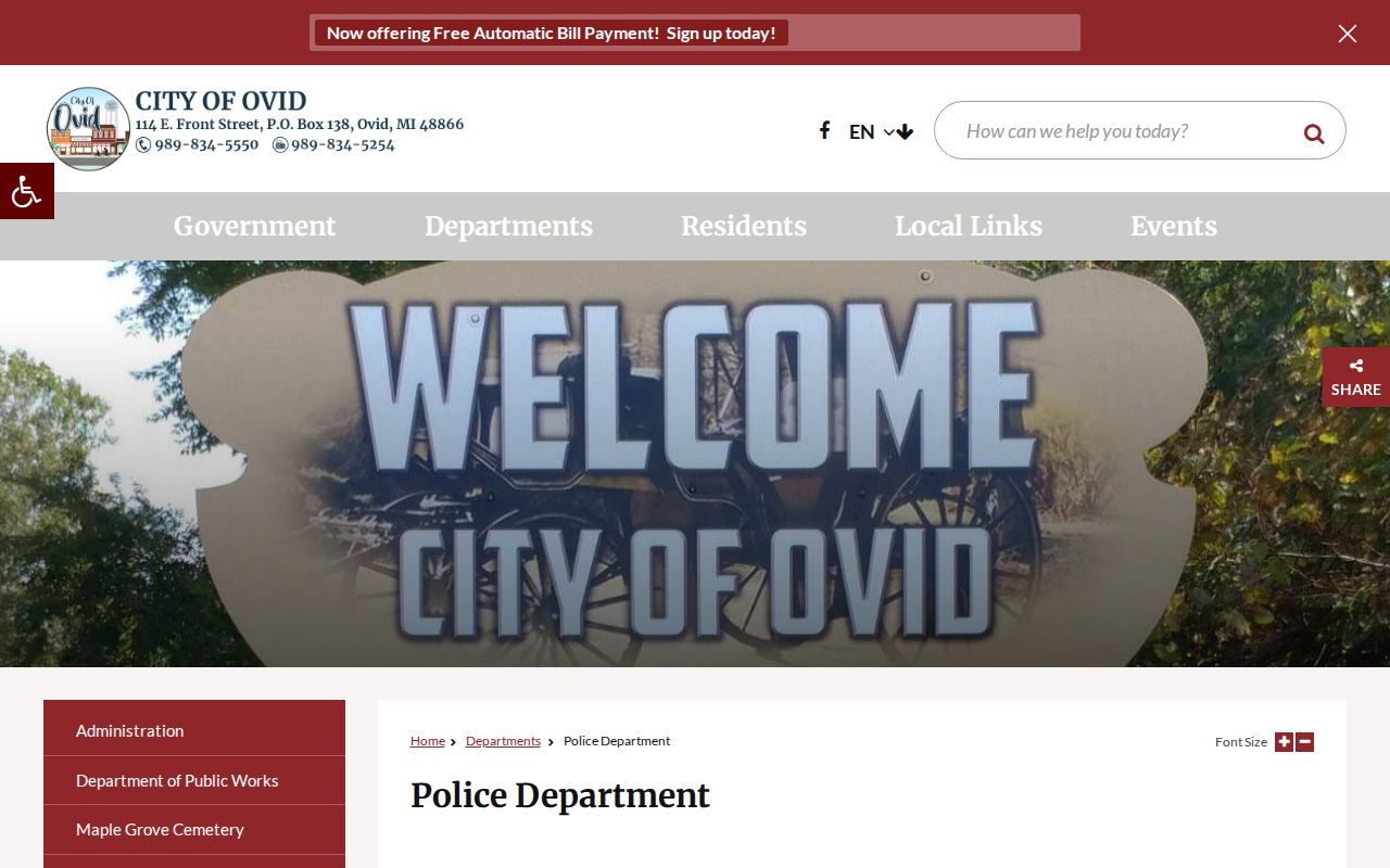 Ovid police department page that offers no separate public warrant search