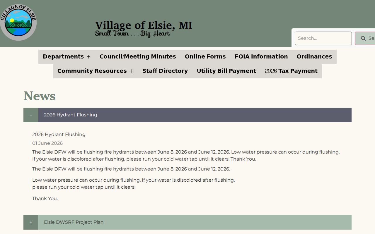 Elsie village official page and building used for local record questions