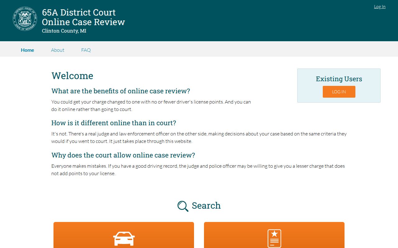 Clinton County warrant records search screen on the 65A District Court vendor interface