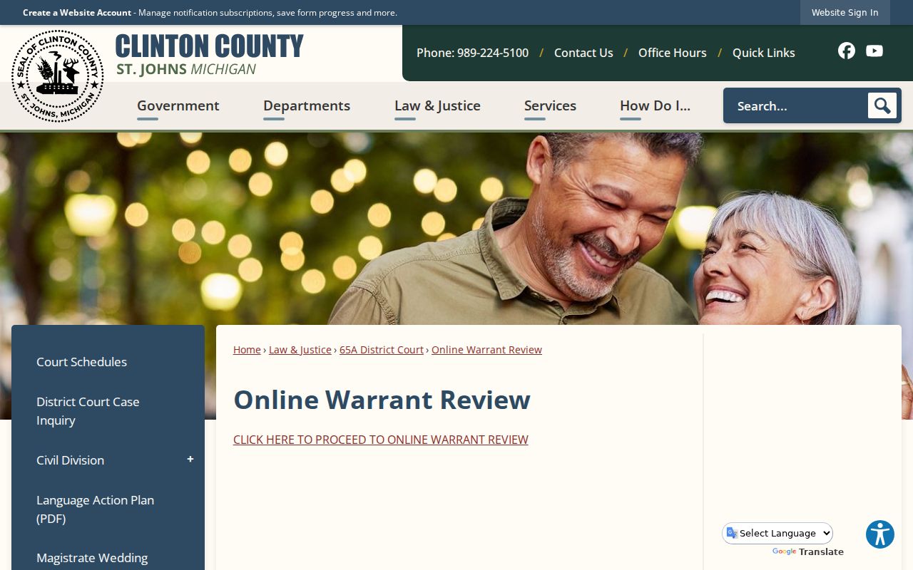 Clinton County warrant records landing page for the official Online Warrant Review
