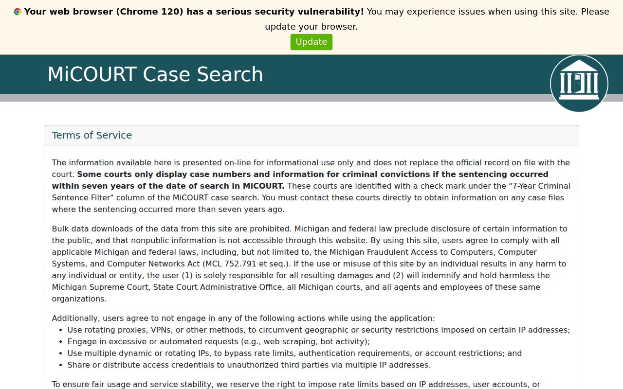 Michigan public case search screen used for Clinton County warrant record context